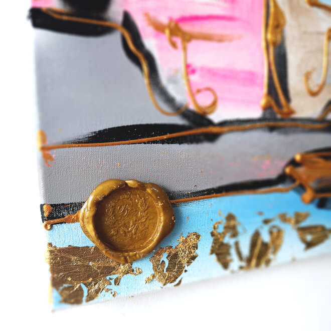 Schilderij- 100x100x2,5 - Rick Triest - Amsterdam signature gold series - Prinsengracht  -Pink &  Blue - 2