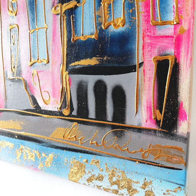 Painting- 100x100x2,5- Rick Triest - Amsterdam signature gold series - Prinsengracht -Pink & Blue - 2