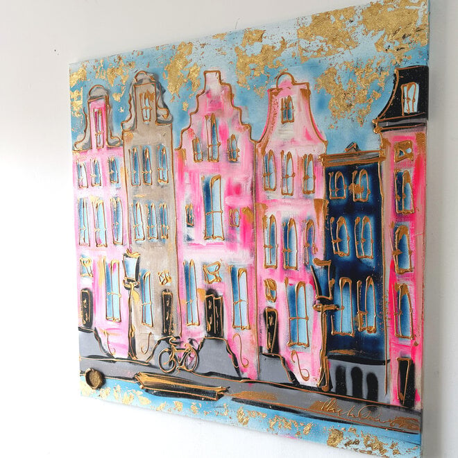 Painting- 100x100x2,5- Rick Triest - Amsterdam signature gold series - Prinsengracht -Pink & Blue - 2