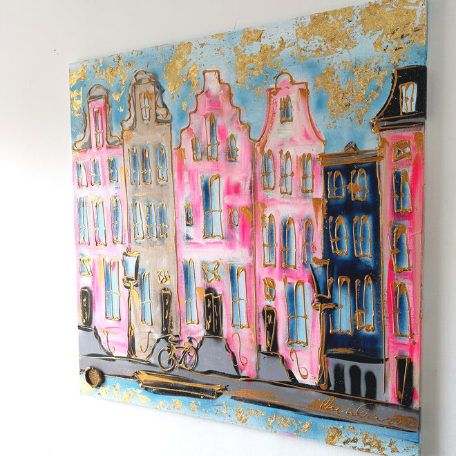 Schilderij- 100x100x2,5 - Rick Triest - Amsterdam signature gold series - Prinsengracht  -Pink &  Blue - 2
