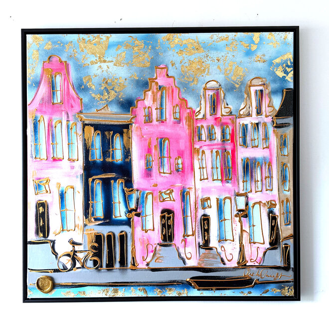Painting-  100x100x2,5- Rick Triest - Amsterdam signature gold series - Prinsengracht  -Pink &  Blue - 1
