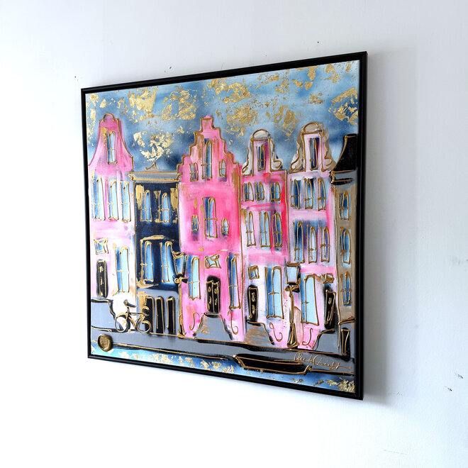 Painting-  100x100x2,5- Rick Triest - Amsterdam signature gold series - Prinsengracht  -Pink &  Blue - 1