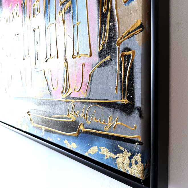 Painting-  100x100x2,5- Rick Triest - Amsterdam signature gold series - Prinsengracht  -Pink &  Blue - 1