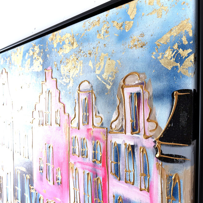 Painting-  100x100x2,5- Rick Triest - Amsterdam signature gold series - Prinsengracht  -Pink &  Blue - 1
