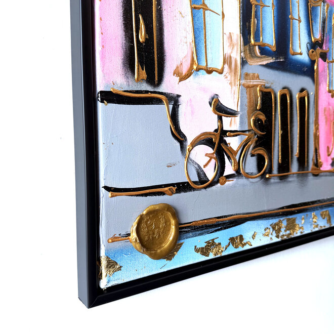 Painting-  100x100x2,5- Rick Triest - Amsterdam signature gold series - Prinsengracht  -Pink &  Blue - 1