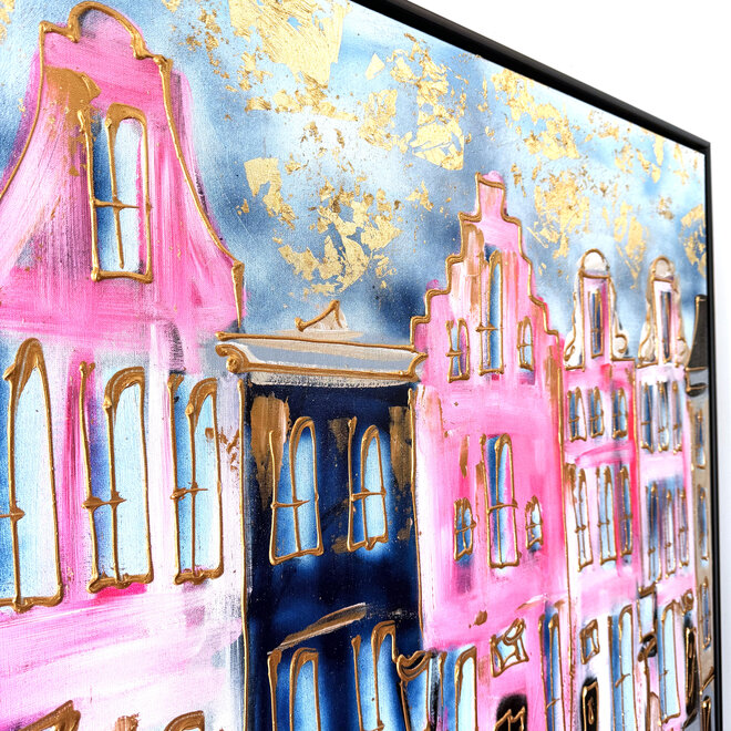Painting-  100x100x2,5- Rick Triest - Amsterdam signature gold series - Prinsengracht  -Pink &  Blue - 1