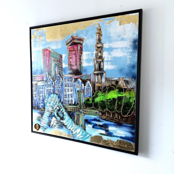 Schilderij- 100x100x2,5 - Rick Triest - Amsterdam signature gold series - modern composition - Westertoren