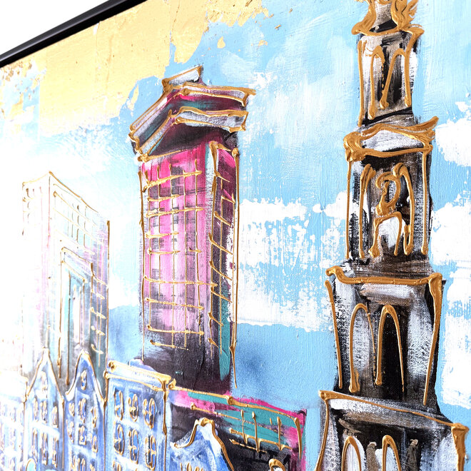 Painting- 100x100x2,5- Rick Triest - Amsterdam signature gold series - modern composition - Westertoren