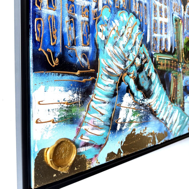 Painting- 100x100x2,5- Rick Triest - Amsterdam signature gold series - modern composition - Westertoren