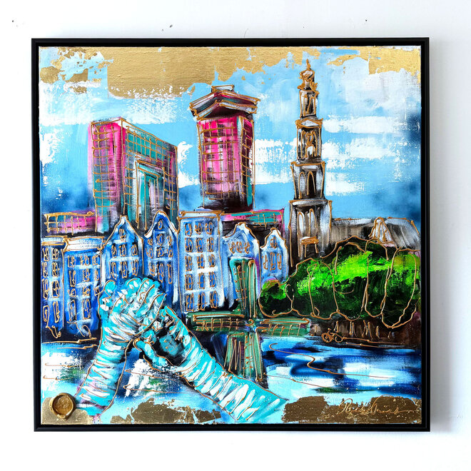Schilderij- 100x100x2,5 cm - Amsterdam signature gold series - modern composition - Westertoren