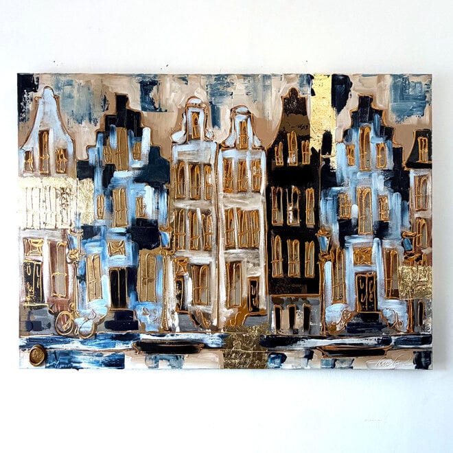 Schilderij- 100x150cm - Amsterdam Herengracht -Sky Blue and Gold - Reflections #1