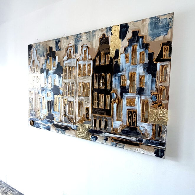 Schilderij- 100x150cm - Rick Triest - Amsterdam Herengracht -Sky Blue and Gold - Reflections #1
