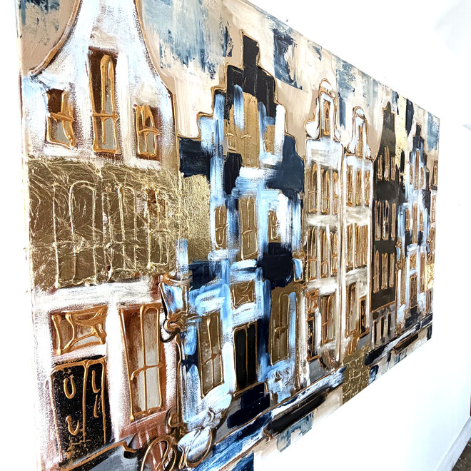 Schilderij- 100x150cm - Rick Triest - Amsterdam Herengracht -Sky Blue and Gold - Reflections #1