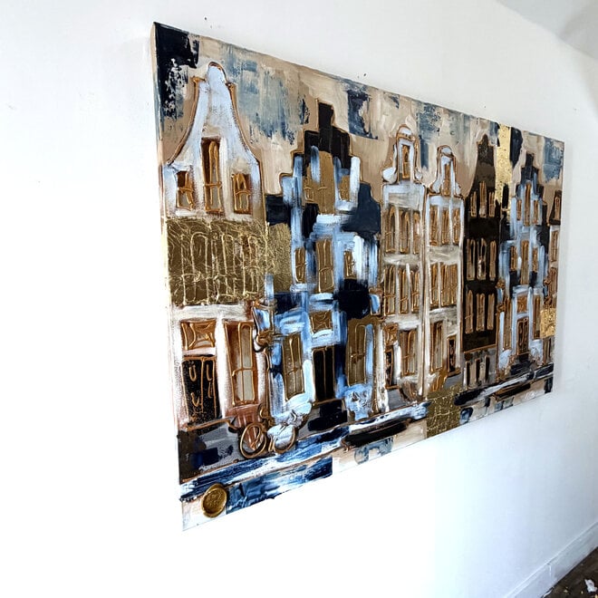 Schilderij- 100x150cm - Rick Triest - Amsterdam Herengracht -Sky Blue and Gold - Reflections #1