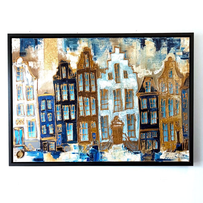 Schilderij- 100x150cm - Amsterdam Herengracht -Sky Blue and Gold - Reflections OIL paint
