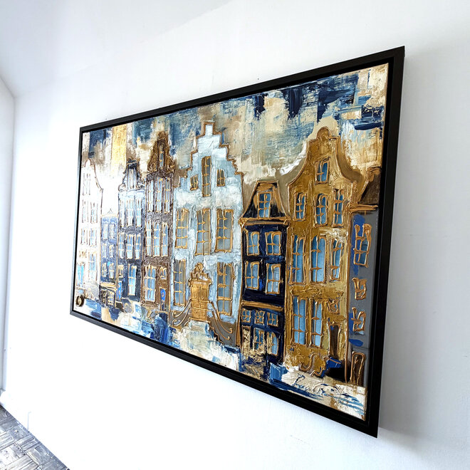 Schilderij- 100x150cm - Rick Triest - Amsterdam Herengracht -Sky Blue and Gold - Reflections OIL paint