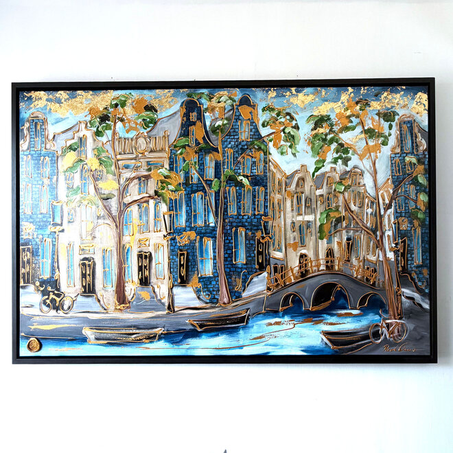 Schilderij- 120x200 cm - Amsterdam Signature Gold Series - Prinsengracht - Blue & Gold - 3