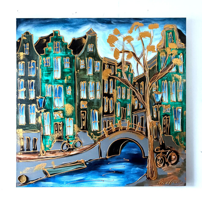 Schilderij- 120x120 cm - Amsterdam Herengracht -lake green #1