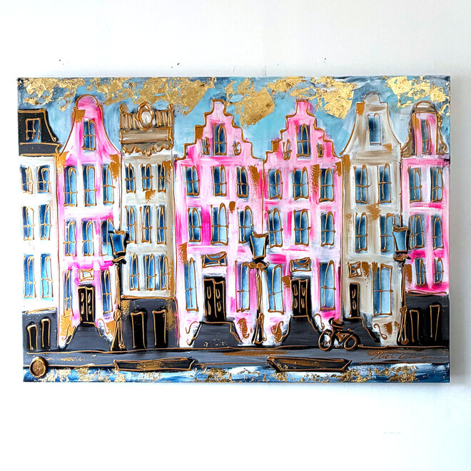 Schilderij- 100x150 cm  - Amsterdam Signature Gold Series - Prinsengracht - Blue & Gold # 1252