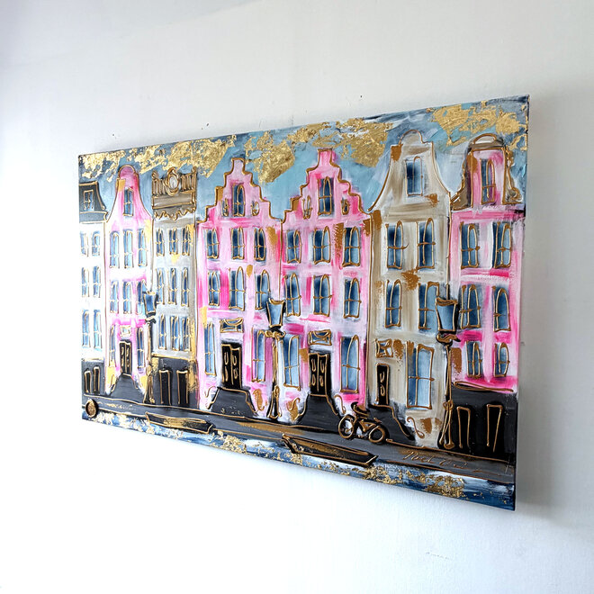Schilderij- Rick Triest - 100x150 cm  - Amsterdam Signature Gold Series - Prinsengracht - Blue & Gold # 1252