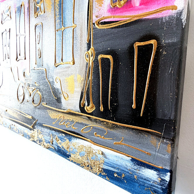 Schilderij- Rick Triest - 100x150 cm  - Amsterdam Signature Gold Series - Prinsengracht - Blue & Gold # 1252