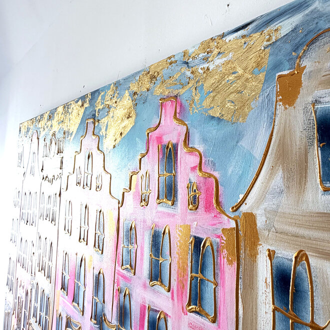 Schilderij- Rick Triest - 100x150 cm  - Amsterdam Signature Gold Series - Prinsengracht - Blue & Gold # 1252