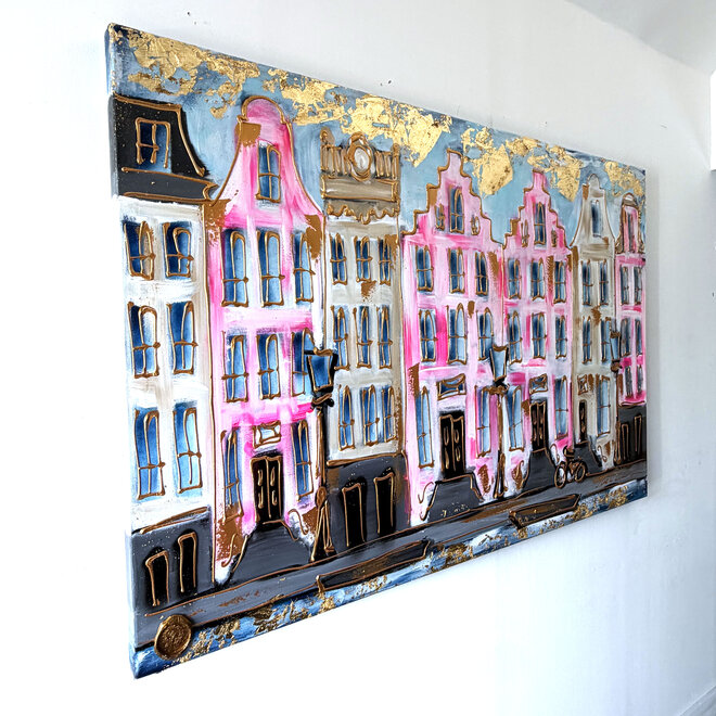 Schilderij- Rick Triest - 100x150 cm  - Amsterdam Signature Gold Series - Prinsengracht - Blue & Gold # 1252