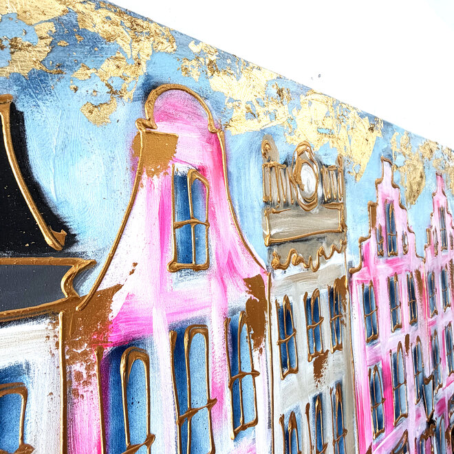 Schilderij- Rick Triest - 100x150 cm  - Amsterdam Signature Gold Series - Prinsengracht - Blue & Gold # 1252