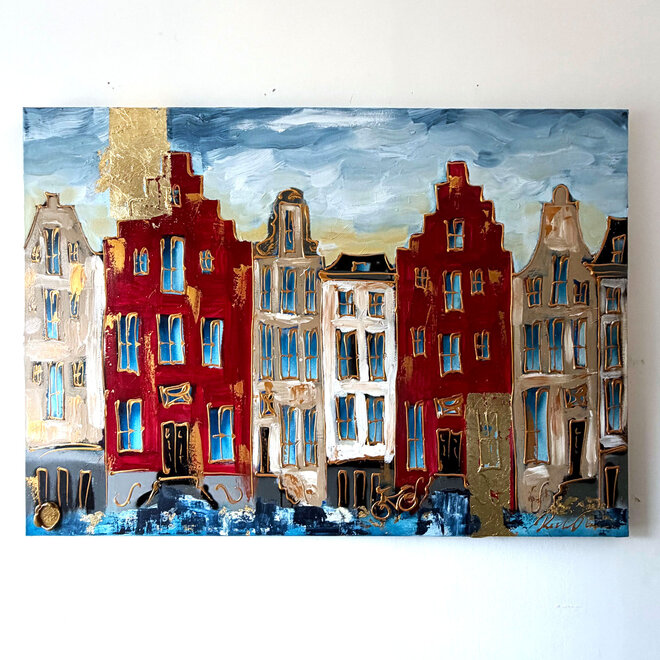 Schilderij- 100x150cm - Amsterdam Herengracht -Sky Blue and Gold #1429