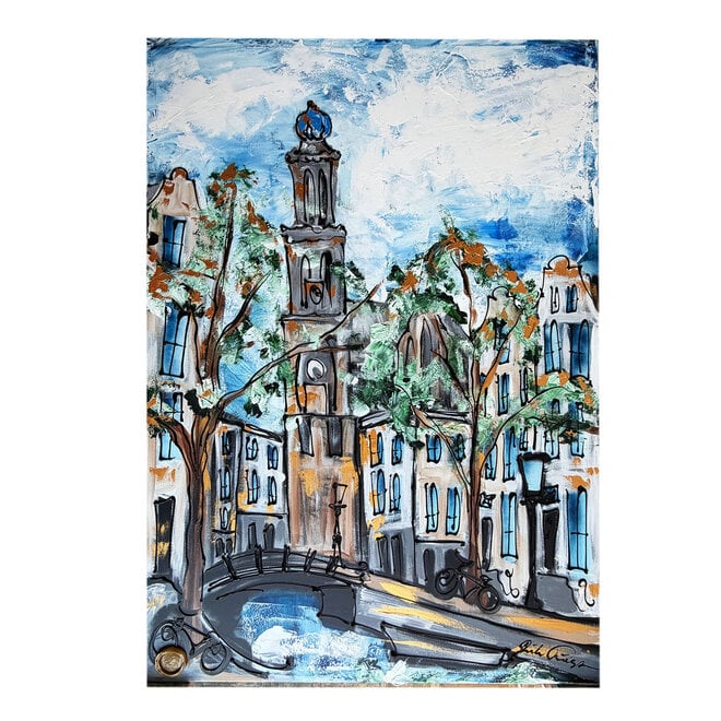 Schilderij- 100x150cm - Amsterdam Herengracht -Sky Blue and Gold #14 - Westertoren