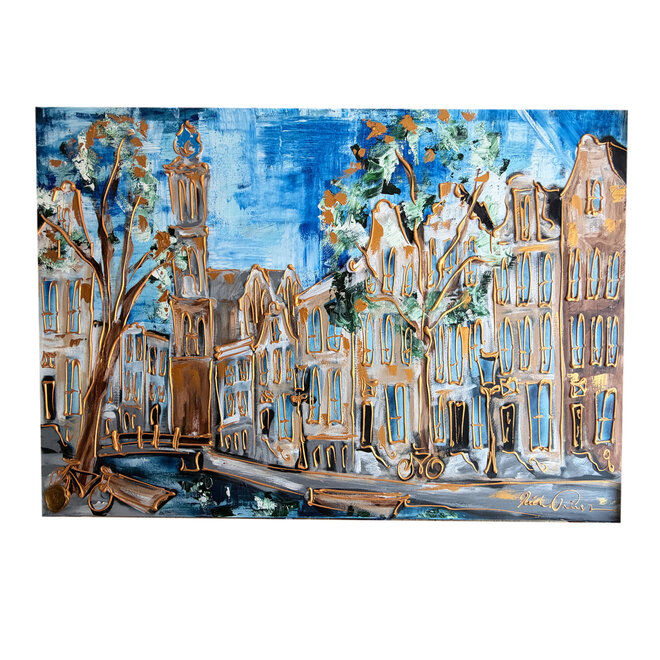 Schilderij- 100x150cm - Amsterdam Herengracht -Sky Blue and Gold #15 - Westertoren