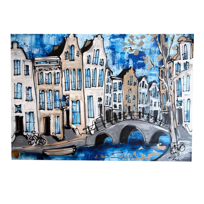 Schilderij- 100x150cm - Amsterdam Herengracht -Sky Blue and Gold #16