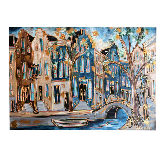 Schilderij- 100x150cm - Amsterdam Herengracht -Sky Blue and Gold #17