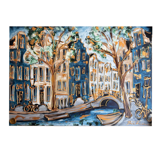 Schilderij- 100x150cm - Amsterdam Herengracht -Sky Blue and Gold #19
