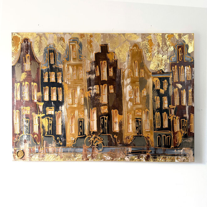 Schilderij- 100x150cm - Rick Triest - Amsterdam Herengracht -Raw umber & Gold - #9