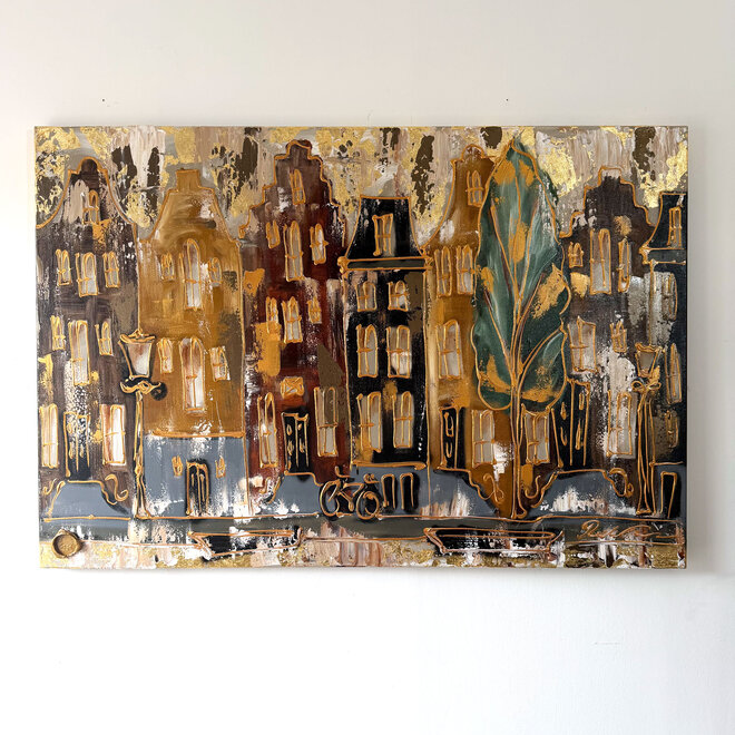 Schilderij- 100x150cm - Amsterdam Herengracht -Raw umber & Gold - #10
