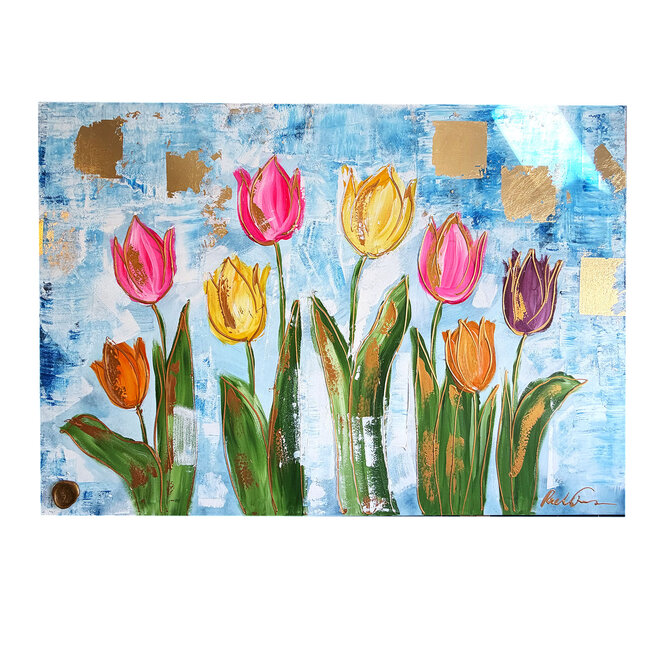 Schilderij - 100x150 cm - Tulpenmanie - Compositie van tulpen met goud #12