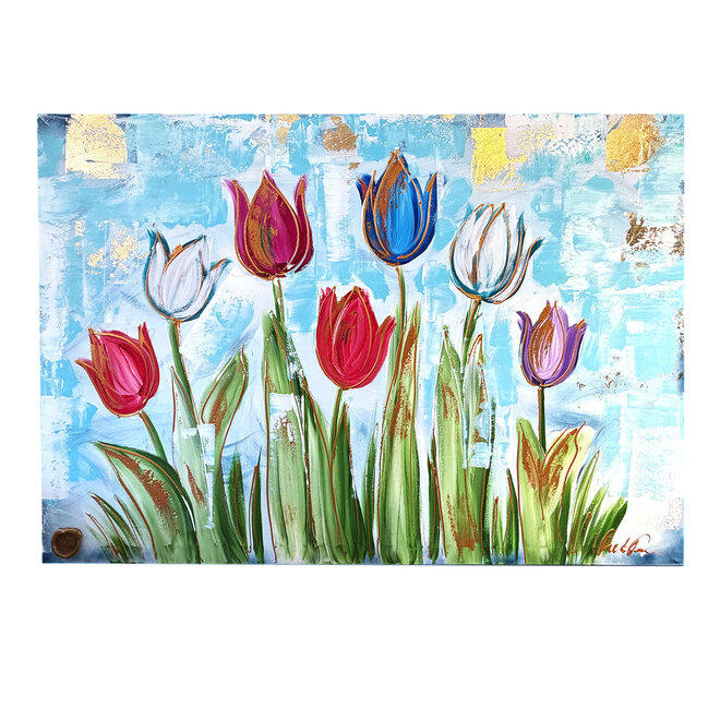Schilderij - 100x150 cm - Tulpenmanie - Compositie van tulpen met goud #14