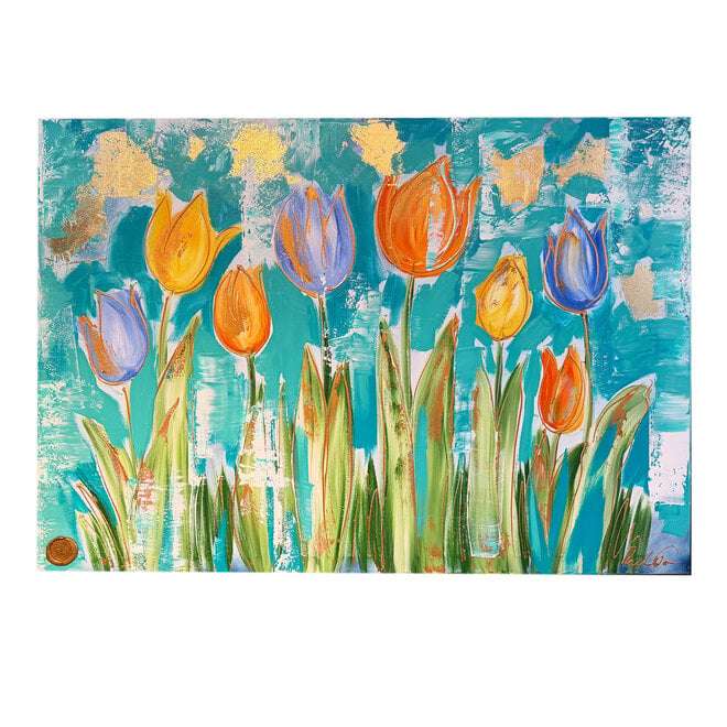 Schilderij - 100x150 cm - Tulpenmanie - Compositie van tulpen met goud #15