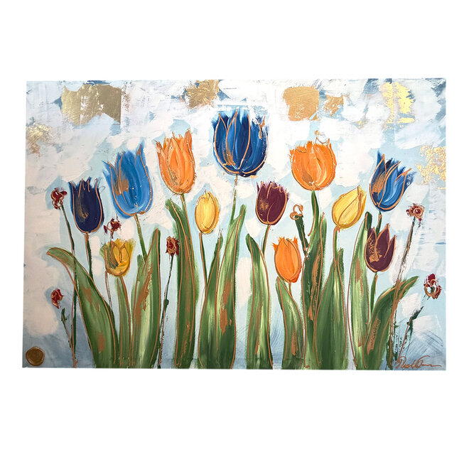 Schilderij - 100x150 cm - Tulpenmanie - Compositie van tulpen met goud #16