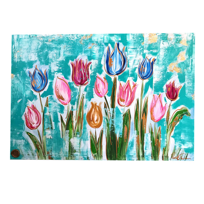 Schilderij - 100x150 cm - Rick Triest - Tulpenmanie - Compositie van tulpen met goud #17