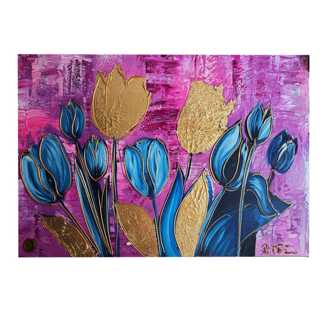 Schilderij - 100x150 cm - Rick Triest - Tulpenmanie - Compositie van tulpen met goud #18
