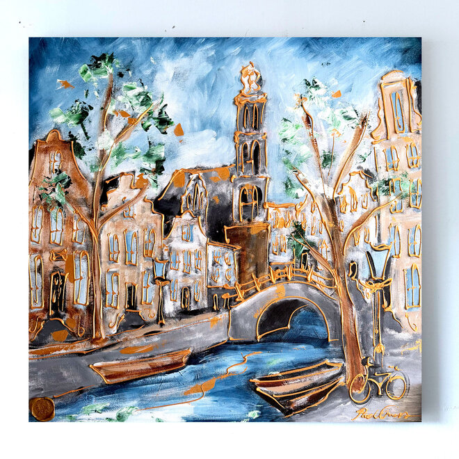 Schilderij- 100x100x2,5 cm - Amsterdam signature gold series - Prinsengracht  - Westertoren