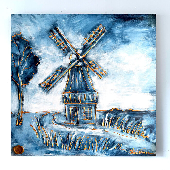 Schilderij – 100 × 100 × 2,5 cm – Rick Triest – HOLLANDS LICHT – Hollandse Molen – Delft Blue