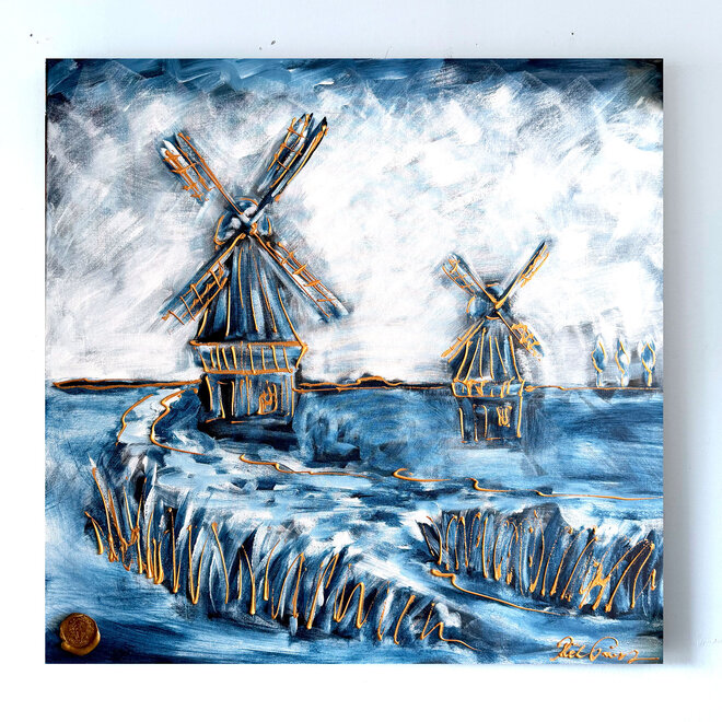 Dutch Windmill – Delft Blue Heritage. – Original Painting by Rick Triest – 100 × 100 × 2.5 cm – HOLLANDS LICHT