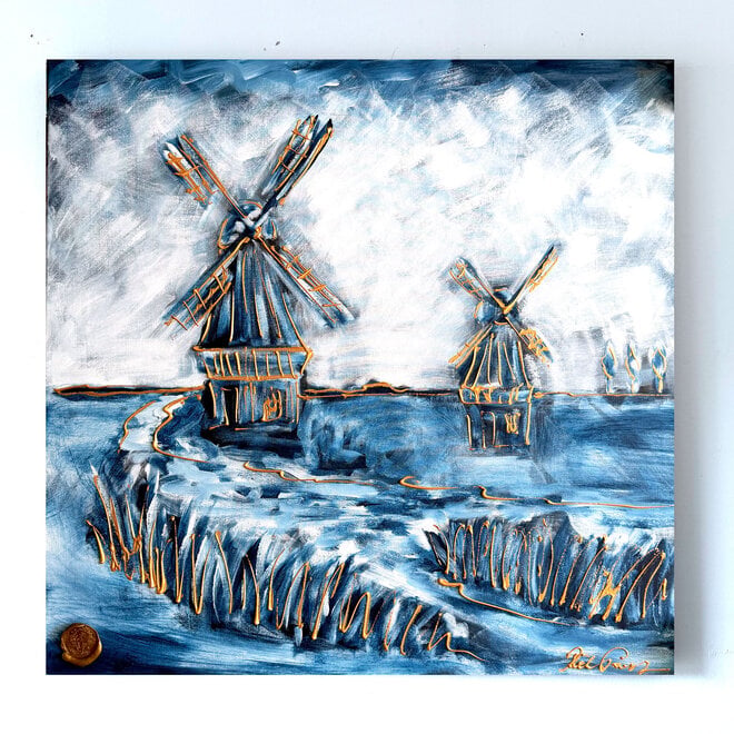 Schilderij – 100 × 100 × 2,5 cm – Rick Triest – HOLLANDS LICHT – Hollandse Molen – Delft Blue Heritage.