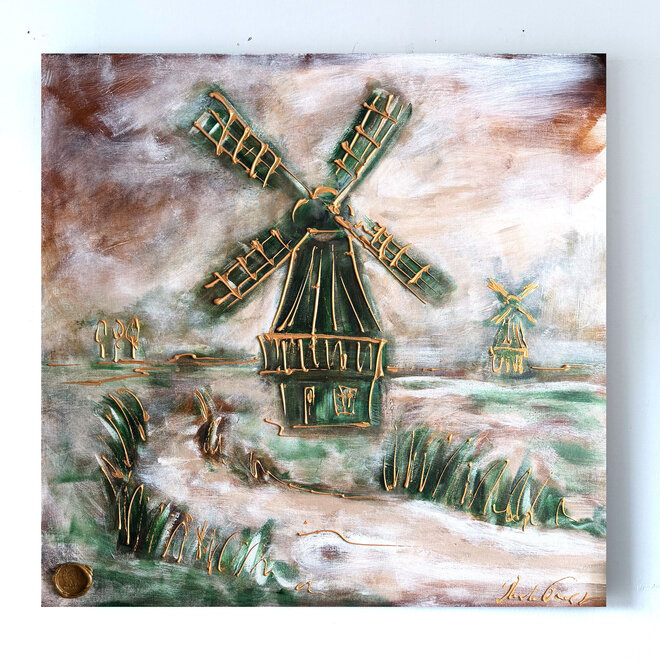 Hollandse Molen – Zaans Groen – Origineel schilderij van Rick Triest – 100 × 100 × 2,5 cm – HOLLANDS LICHT