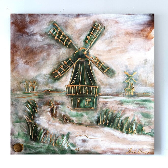 Schilderij – 100 × 100 × 2,5 cm – Rick Triest – HOLLANDS LICHT – Hollandse Molen – Zaans Groen