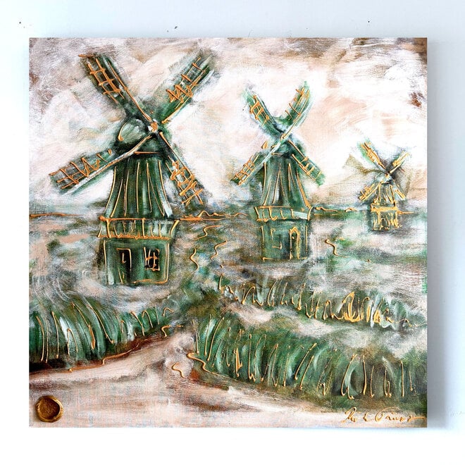 Dutch Windmill –Aan de Zaan – Original Painting by Rick Triest – 100 × 100 × 2.5 cm – HOLLANDS LICHT