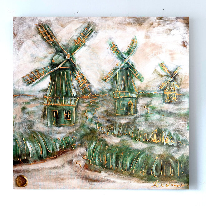 Painting – 100 × 100 × 2.5 cm – Rick Triest – HOLLANDS LICHT – Dutch Windmill – Aan de Zaan
